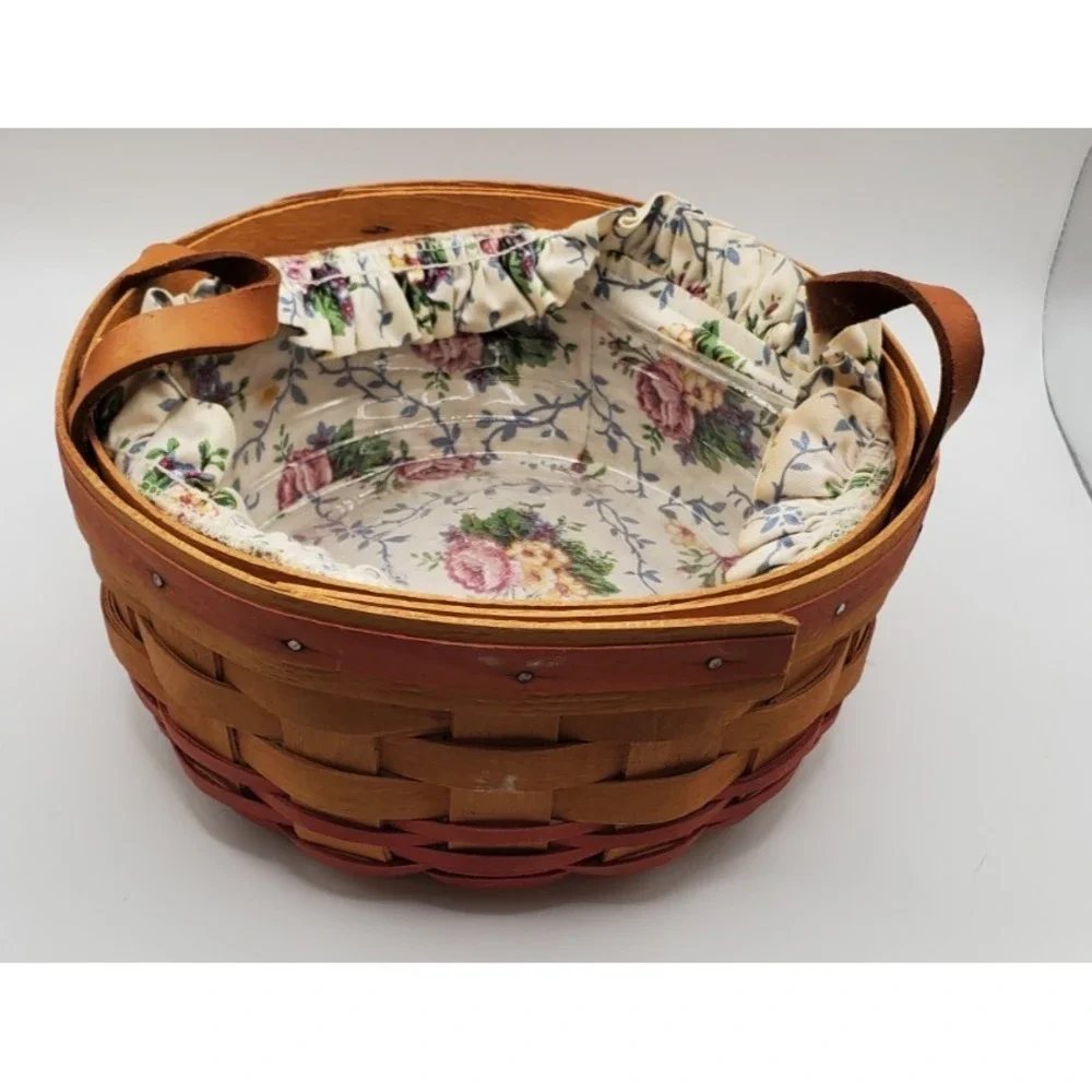 Longaberger Round Double Handle Basket Rose‎ Floral Liner & Protector